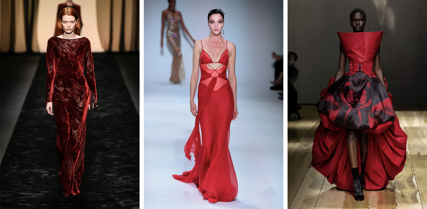 A popular colour in romantic contexts, red is synonymous with love, desire and passion, but also sexiness and power. This is exemplified by these FW23 outfits imagined by Alberta Ferretti (left), Nensi Dojaka (centre) and Alexander McQueen by Sarah Burton (right)
